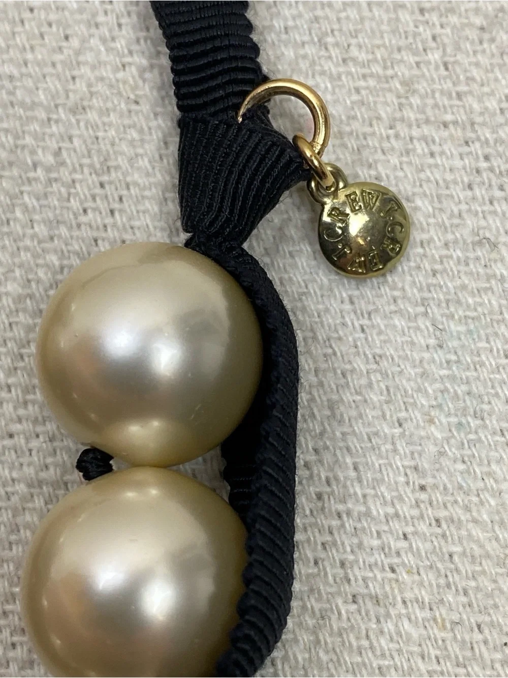 J Crew large Faux Pearl Black Grosgrain Ribbon Necklace